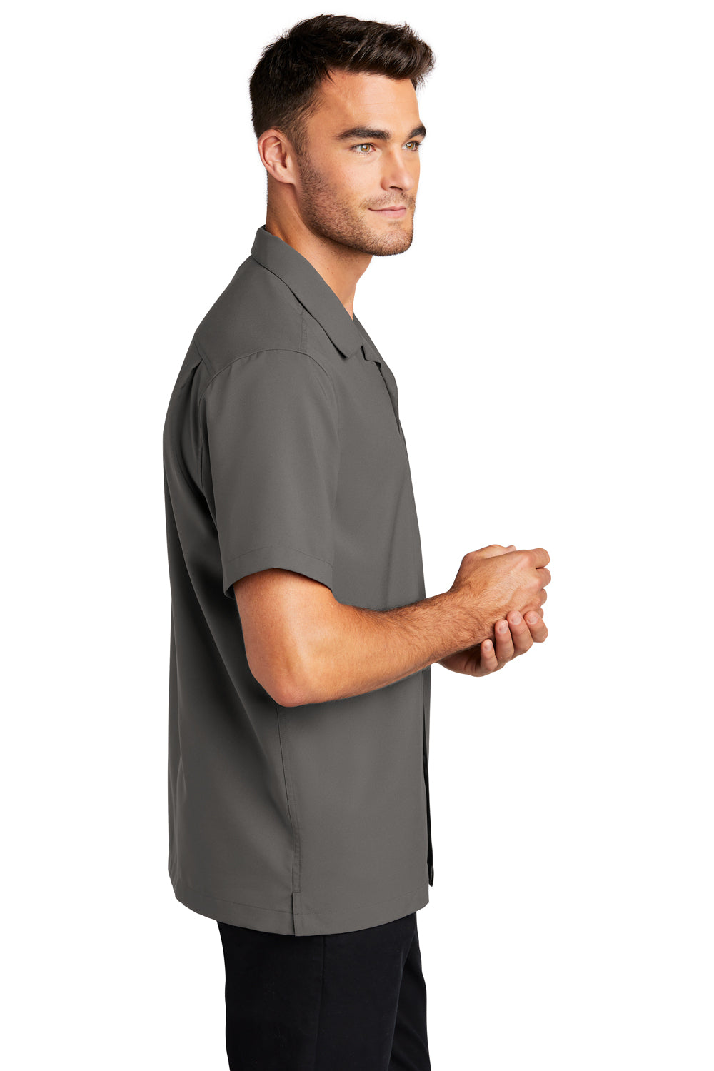 Port Authority W400 Mens Performance Moisture Wicking Short Sleeve Button Down Camp Shirt w/ Pocket Graphite Grey Model Side