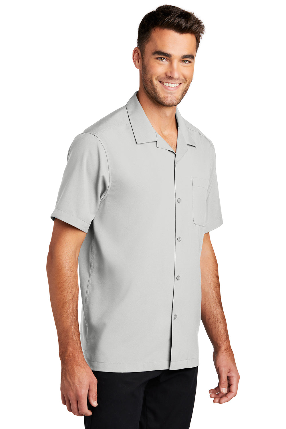 Port Authority W400 Mens Performance Moisture Wicking Short Sleeve Button Down Camp Shirt w/ Pocket Silver Grey Model 3q