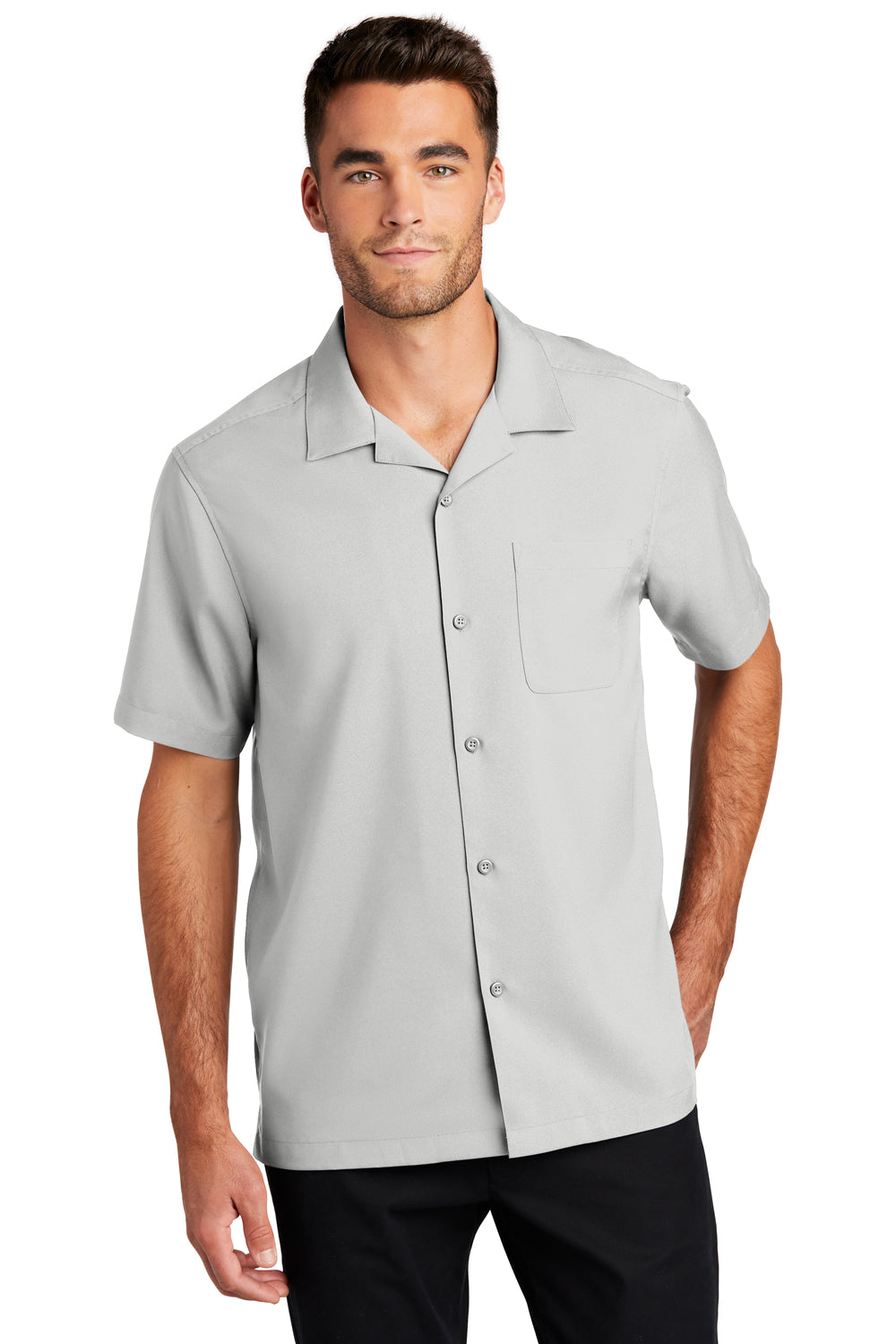 Port Authority W400 Mens Performance Moisture Wicking Short Sleeve Button Down Camp Shirt w/ Pocket Silver Grey Model Front