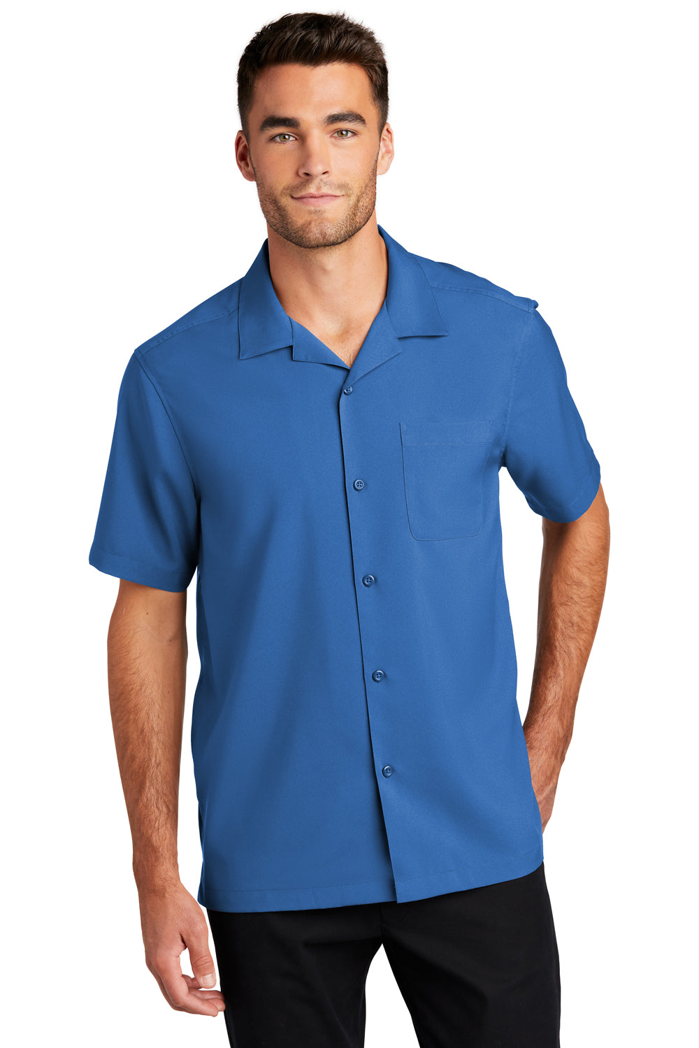 Port Authority W400 Mens Performance Moisture Wicking Short Sleeve Button Down Camp Shirt w/ Pocket True Blue Model Front