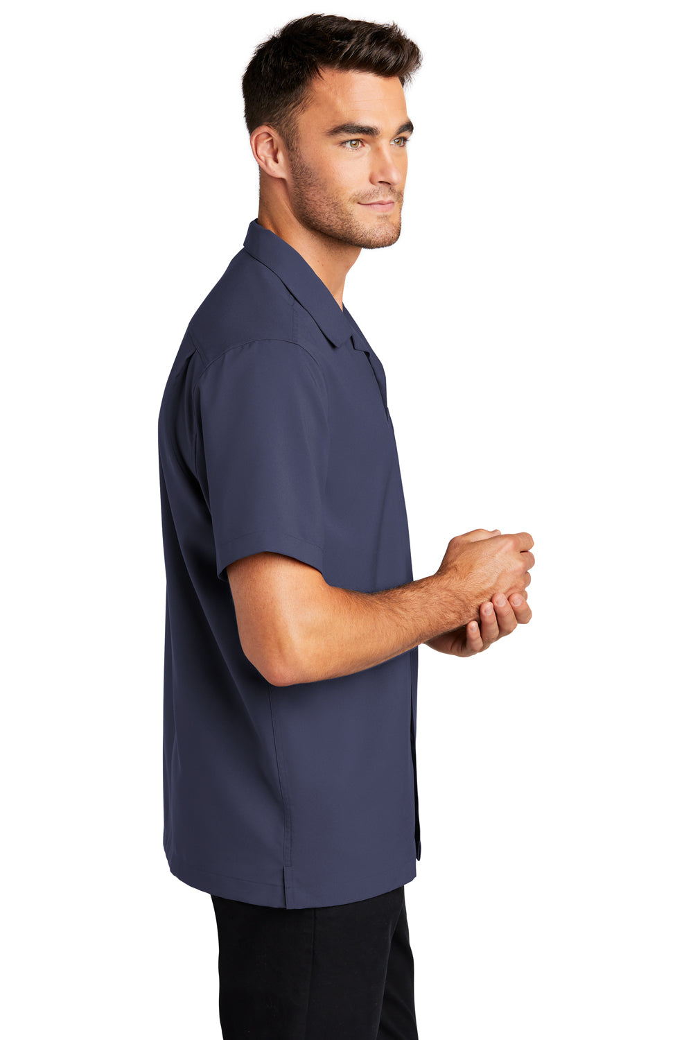 Port Authority W400 Mens Performance Moisture Wicking Short Sleeve Button Down Camp Shirt w/ Pocket True Navy Blue Model Side