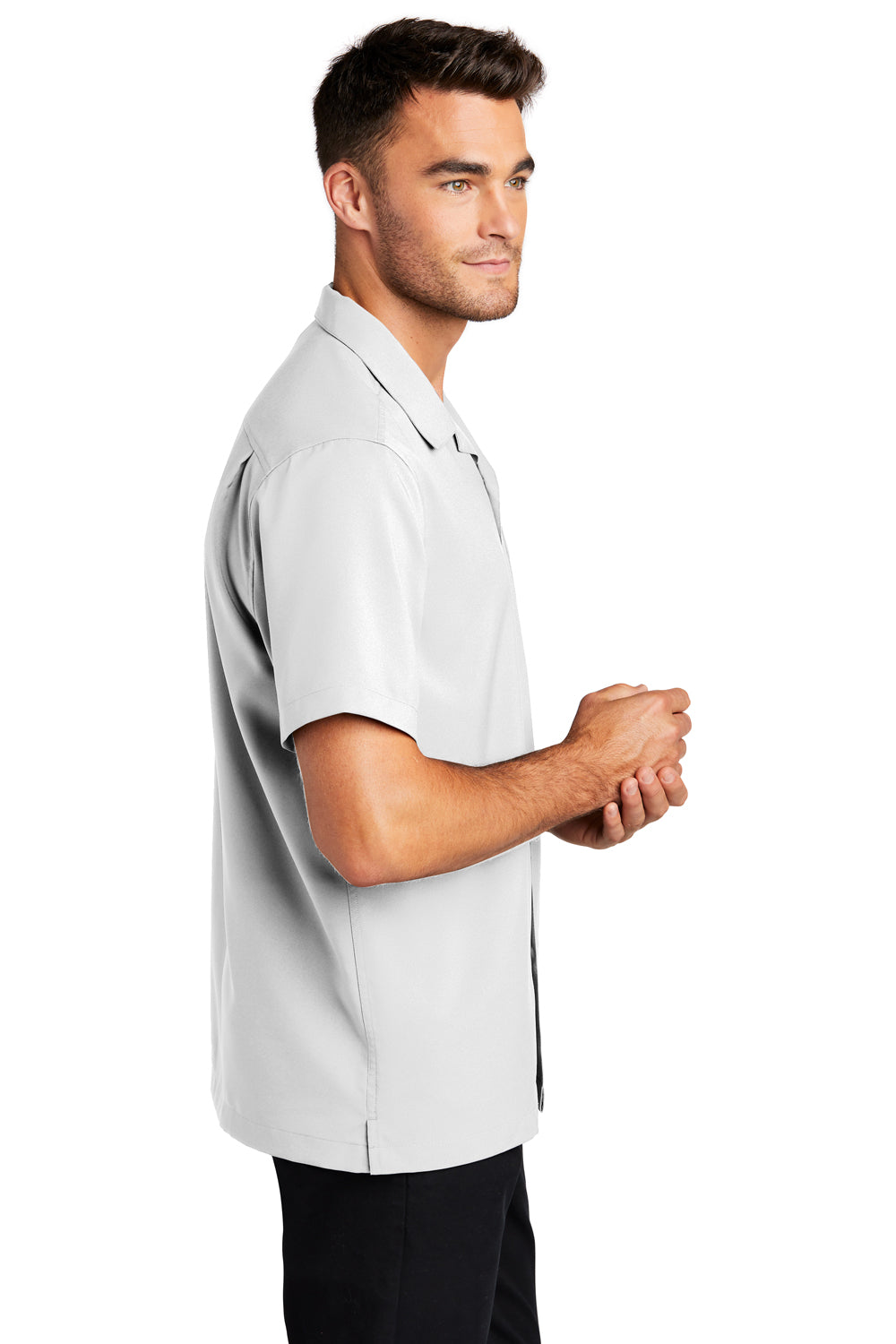 Port Authority W400 Mens Performance Moisture Wicking Short Sleeve Button Down Camp Shirt w/ Pocket White Model Side