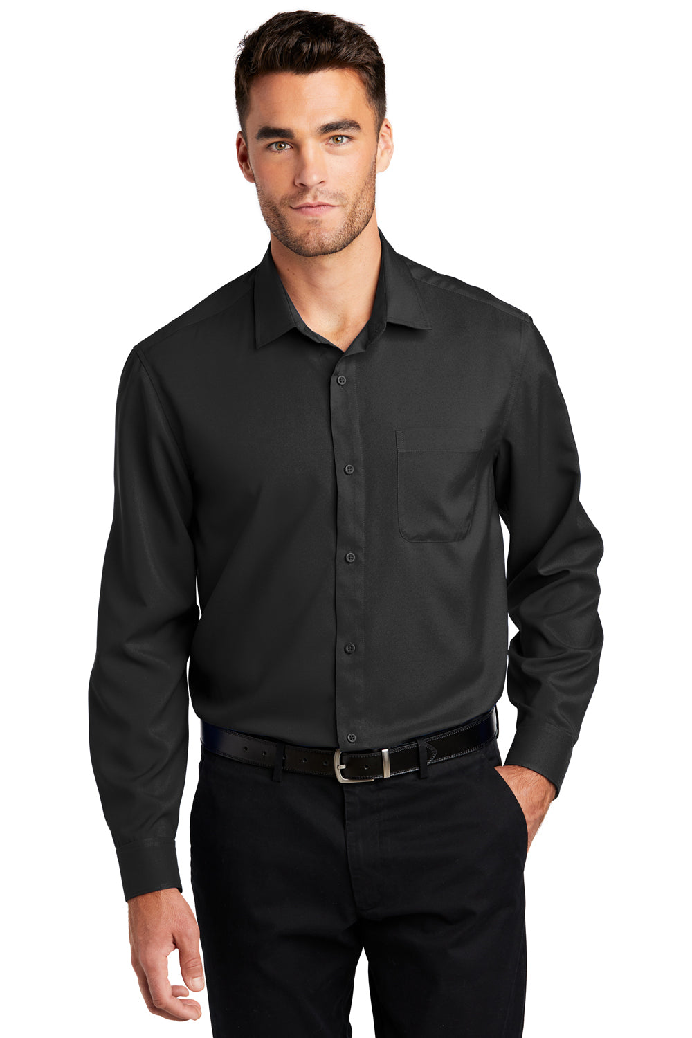 Port Authority W401 Mens Performance Moisture Wicking Long Sleeve Button Down Shirt w/ Pocket Black Model Front