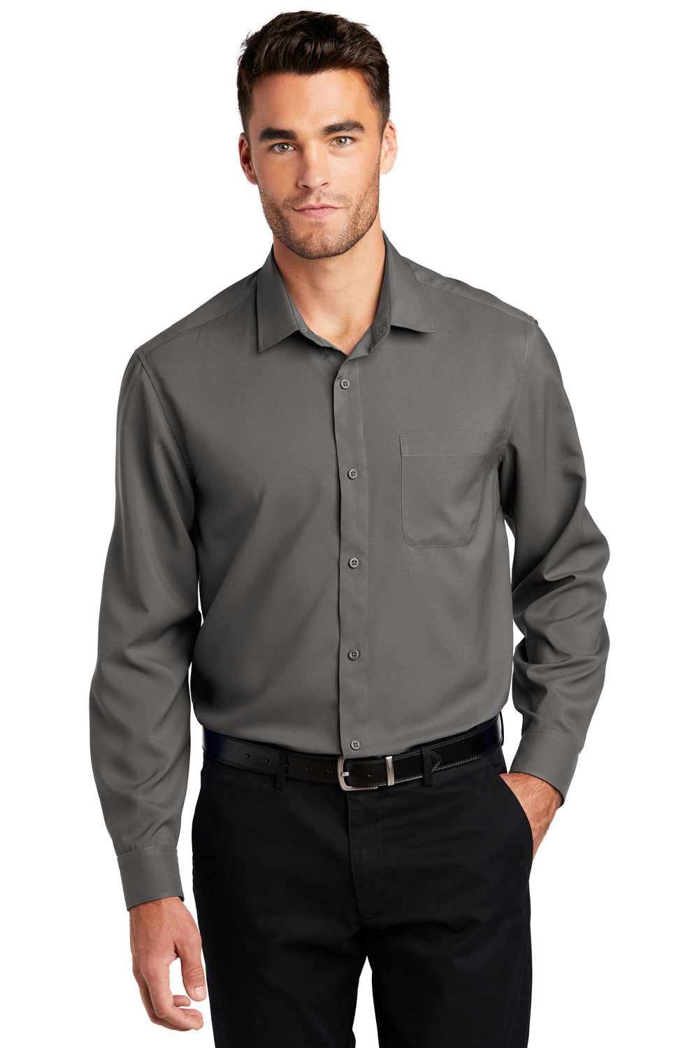 Port Authority W401 Mens Performance Moisture Wicking Long Sleeve Button Down Shirt w/ Pocket Graphite Grey Model Front