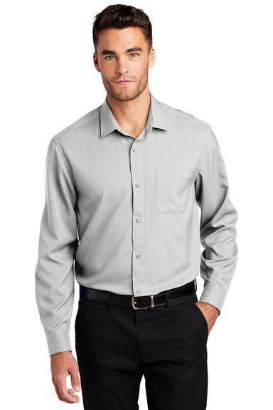 Port Authority W401 Mens Performance Moisture Wicking Long Sleeve Button Down Shirt w/ Pocket Silver Grey Model Front