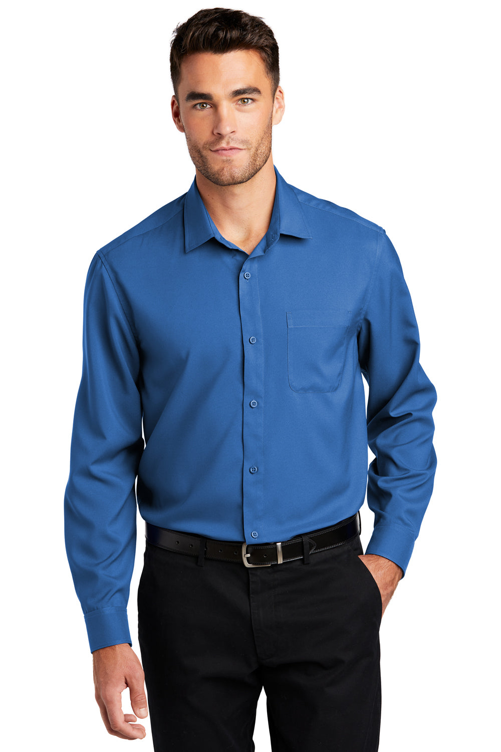 Port Authority W401 Mens Performance Moisture Wicking Long Sleeve Button Down Shirt w/ Pocket True Blue Model Front