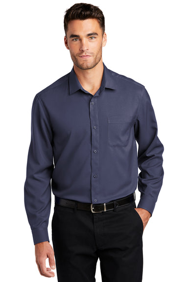 Port Authority W401 Mens Performance Moisture Wicking Long Sleeve Button Down Shirt w/ Pocket True Navy Blue Model Front