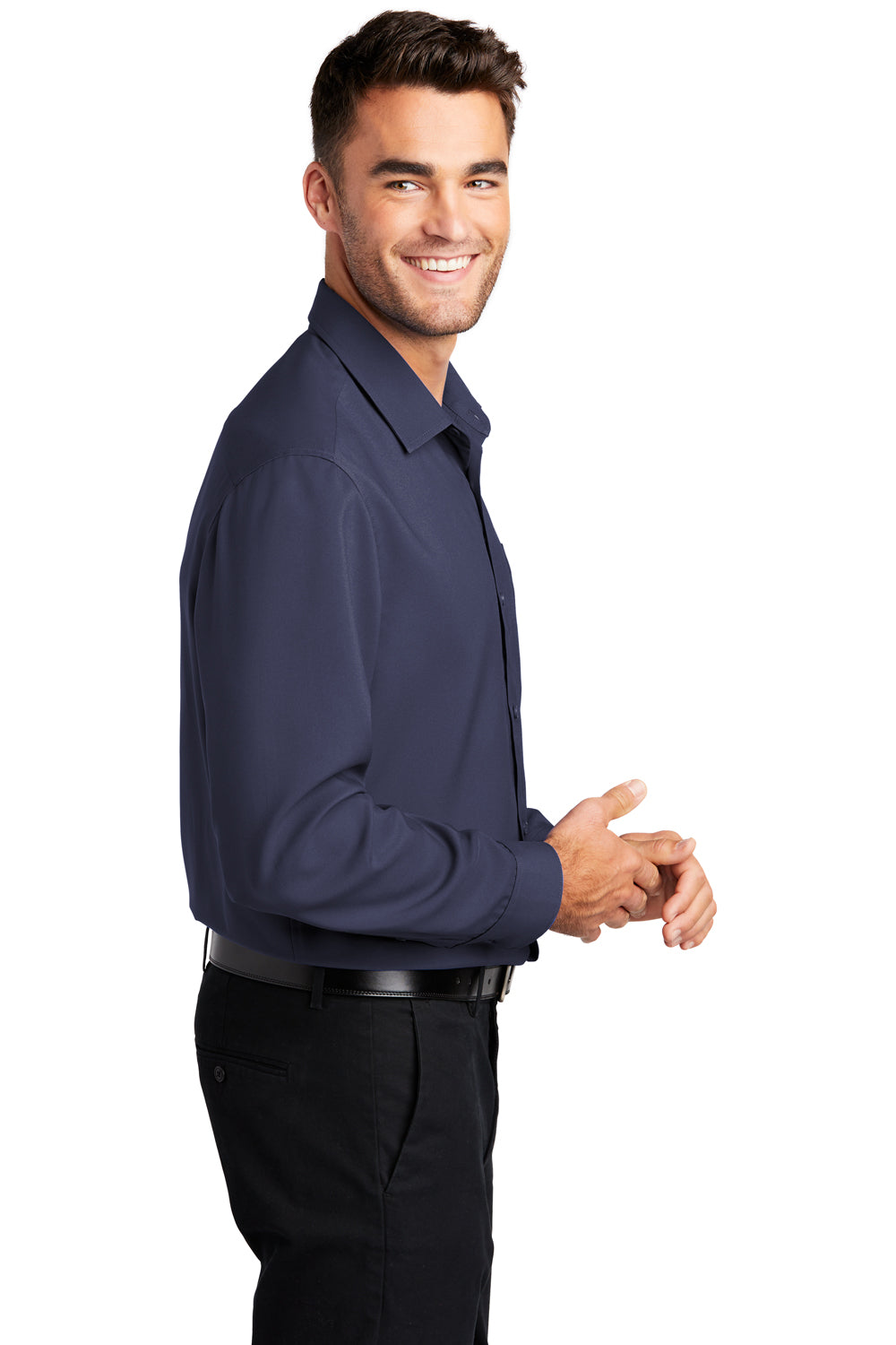 Port Authority W401 Mens Performance Moisture Wicking Long Sleeve Button Down Shirt w/ Pocket True Navy Blue Model Side