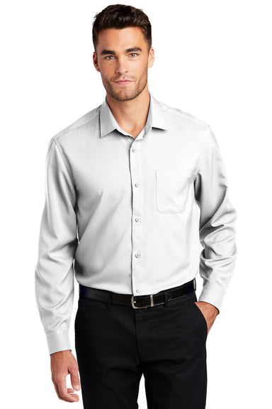 Port Authority W401 Mens Performance Moisture Wicking Long Sleeve Button Down Shirt w/ Pocket White Model Front