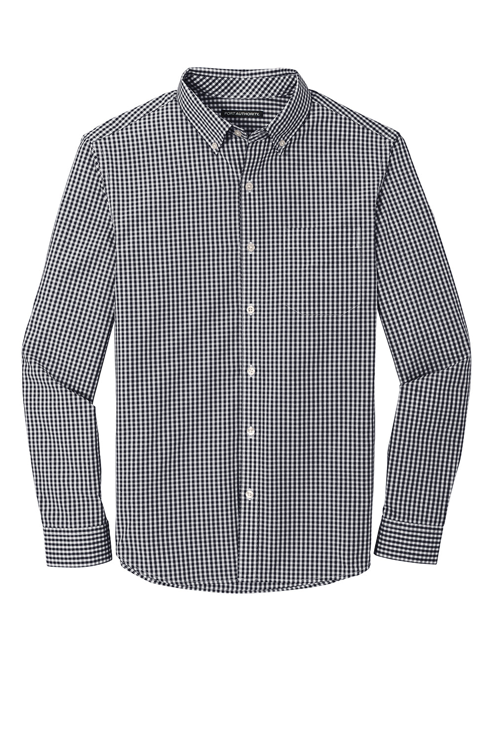 Port Authority W644 Mens Broadcloth Gingham Wrinkle Resistant Long Sleeve Button Down Shirt w/ Pocket Black/White Flat Front