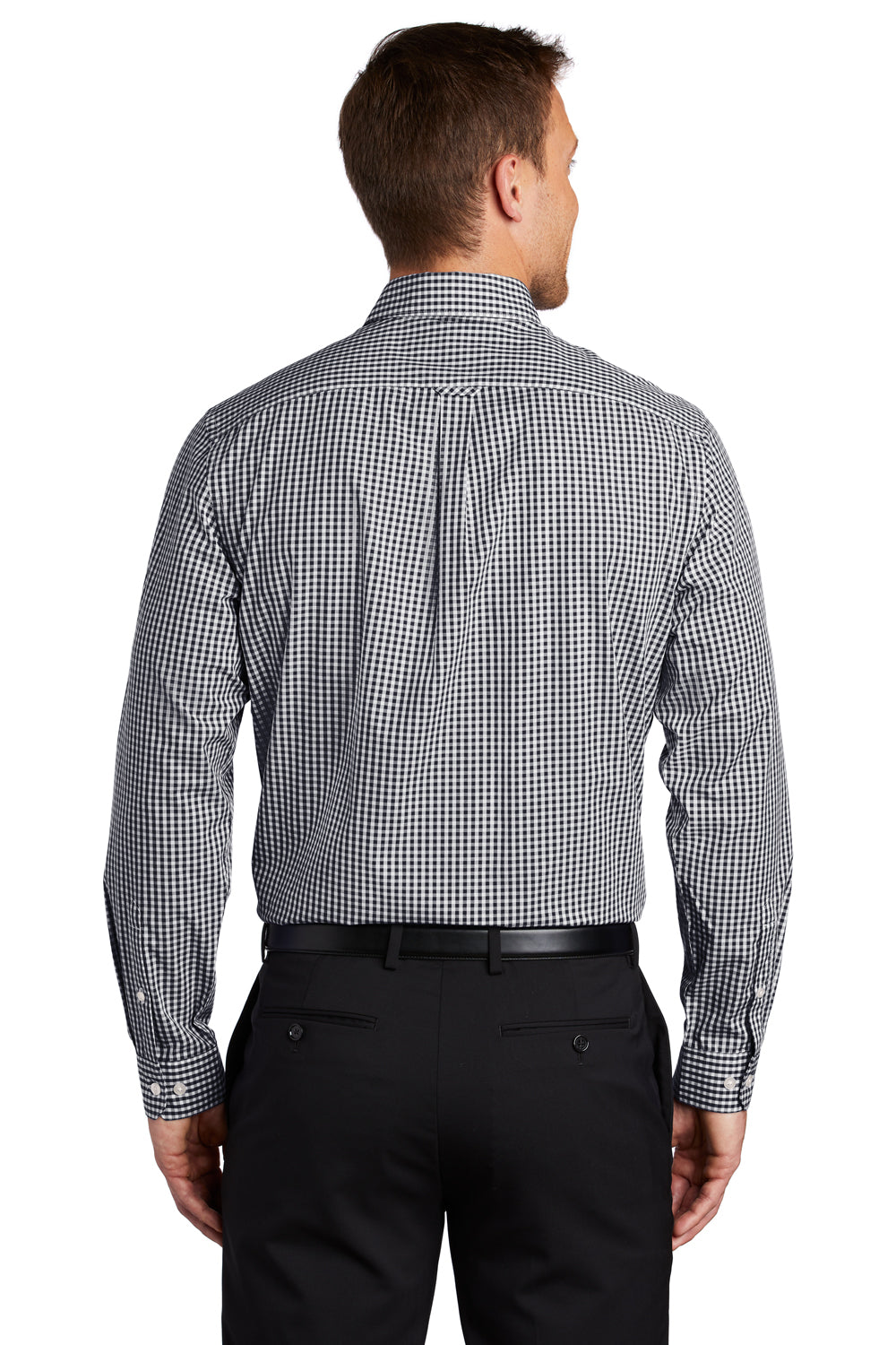 Port Authority W644 Mens Broadcloth Gingham Wrinkle Resistant Long Sleeve Button Down Shirt w/ Pocket Black/White Model Back