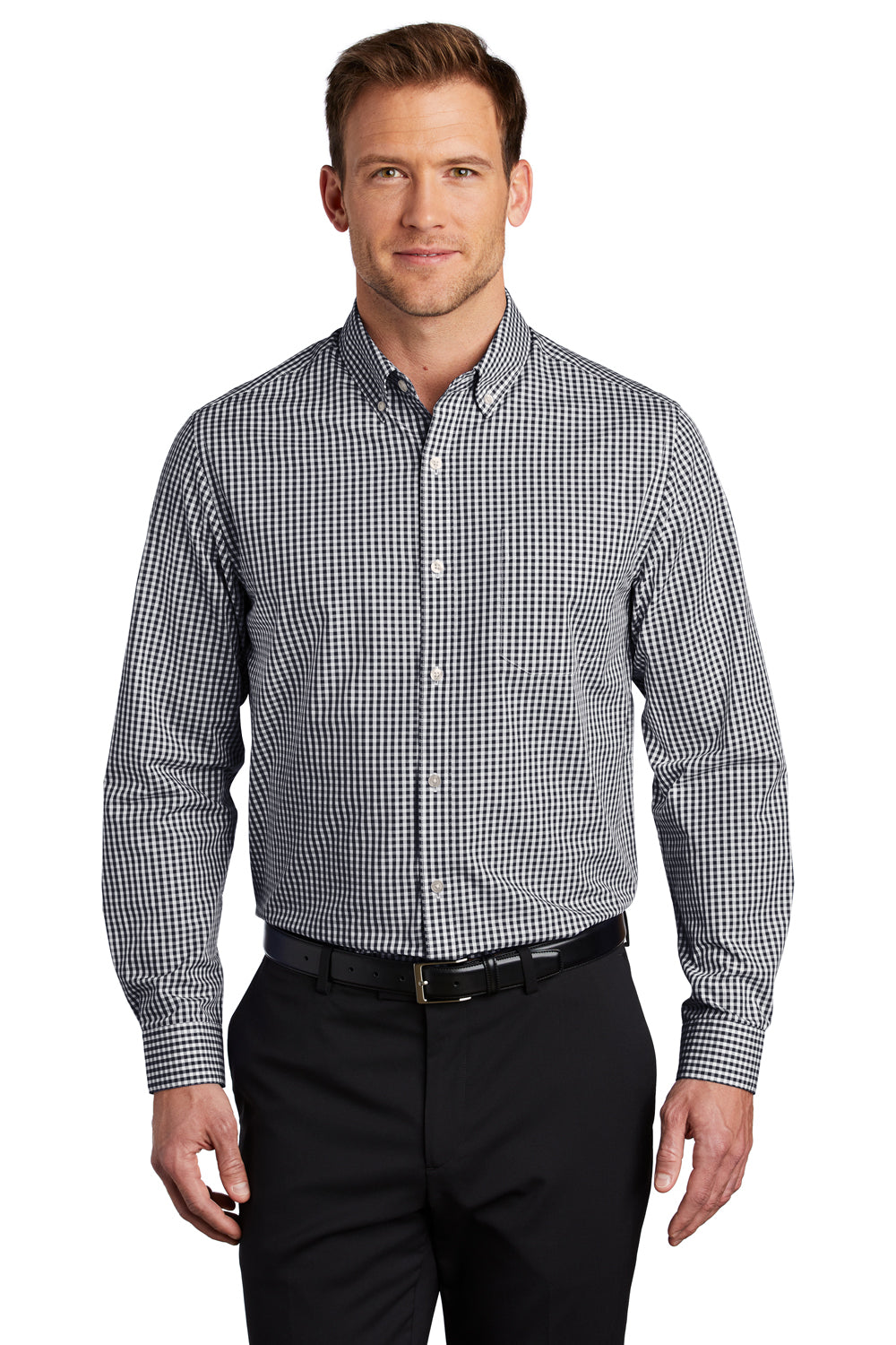 Port Authority W644 Mens Broadcloth Gingham Wrinkle Resistant Long Sleeve Button Down Shirt w/ Pocket Black/White Model Front