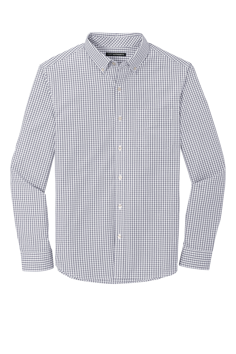 Port Authority W644 Mens Broadcloth Gingham Wrinkle Resistant Long Sleeve Button Down Shirt w/ Pocket Gusty Grey/White Flat Front