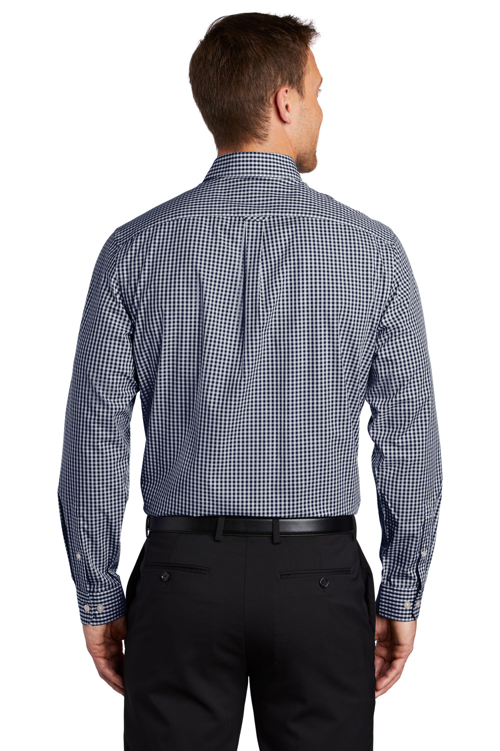 Port Authority W644 Mens Broadcloth Gingham Wrinkle Resistant Long Sleeve Button Down Shirt w/ Pocket True Navy Blue/White Model Back