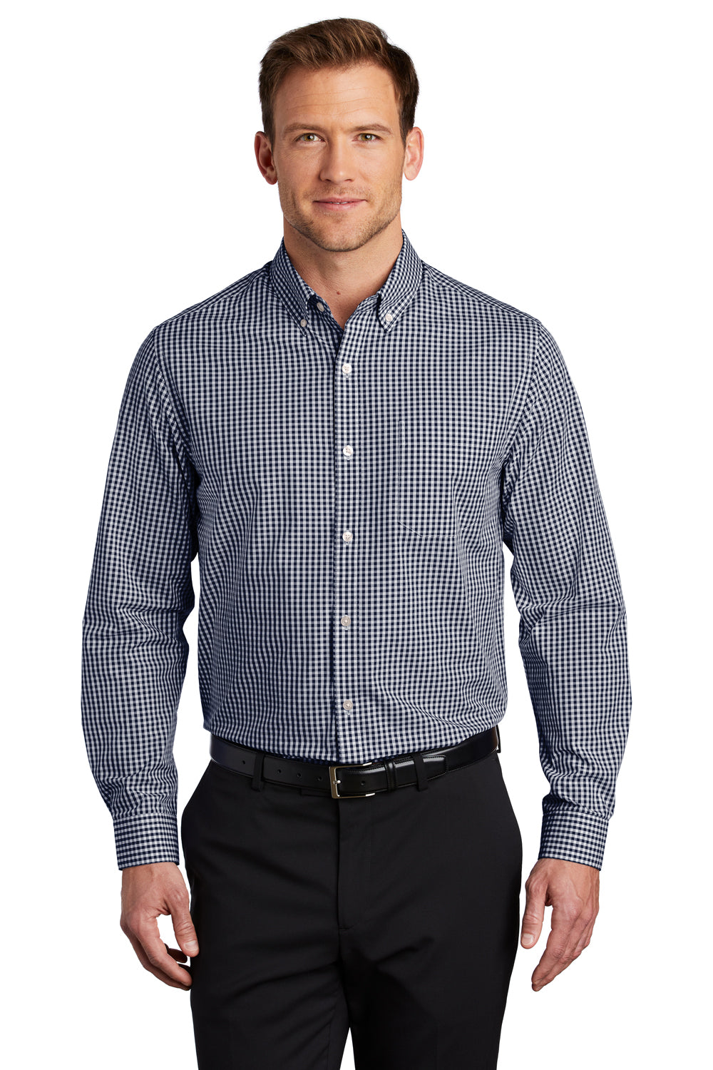 Port Authority W644 Mens Broadcloth Gingham Wrinkle Resistant Long Sleeve Button Down Shirt w/ Pocket True Navy Blue/White Model Front