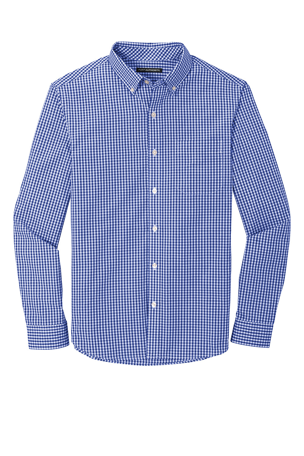 Port Authority W644 Mens Broadcloth Gingham Wrinkle Resistant Long Sleeve Button Down Shirt w/ Pocket True Royal Blue/White Flat Front