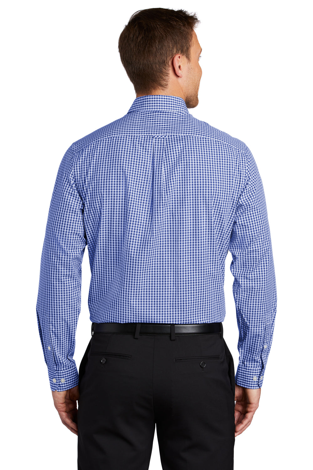 Port Authority W644 Mens Broadcloth Gingham Wrinkle Resistant Long Sleeve Button Down Shirt w/ Pocket True Royal Blue/White Model Back