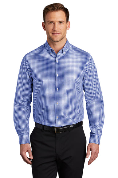 Port Authority W644 Mens Broadcloth Gingham Wrinkle Resistant Long Sleeve Button Down Shirt w/ Pocket True Royal Blue/White Model Front