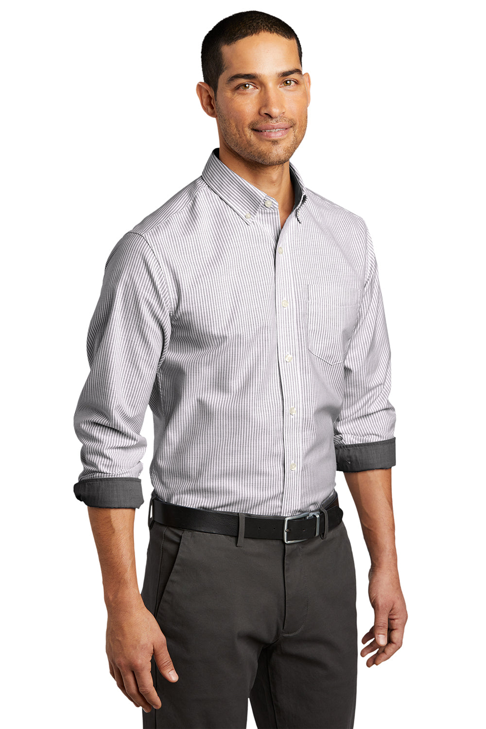 Port Authority W657 Mens SuperPro Wrinkle Resistant Long Sleeve Button Down Shirt w/ Pocket Black/White Model 3q