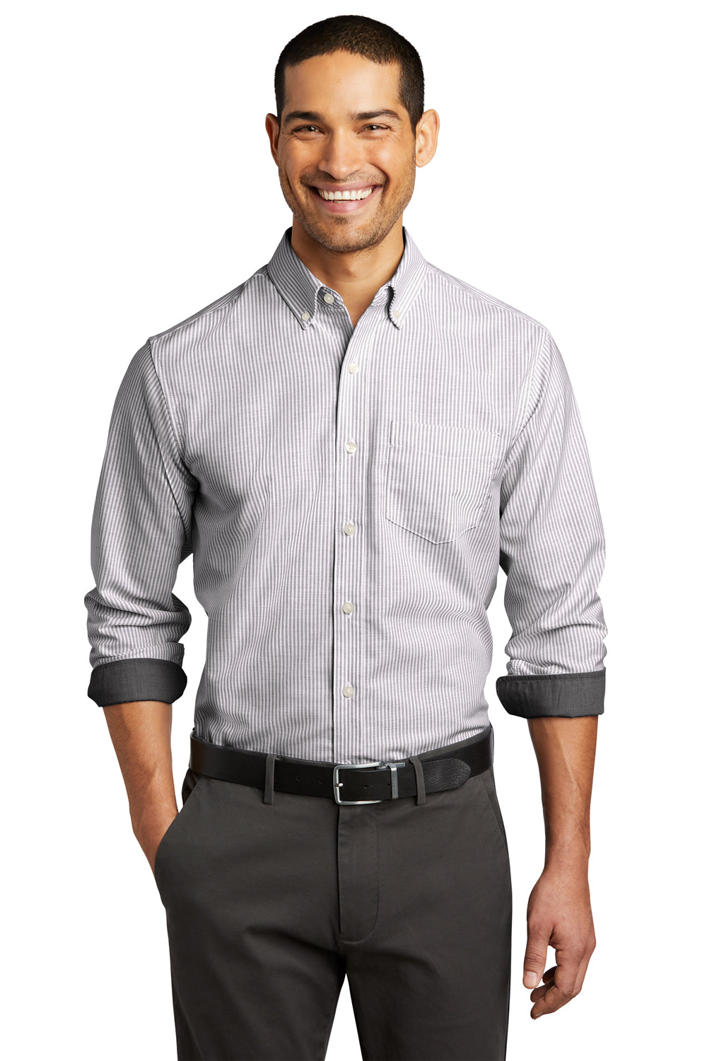 Port Authority W657 Mens SuperPro Wrinkle Resistant Long Sleeve Button Down Shirt w/ Pocket Black/White Model Front