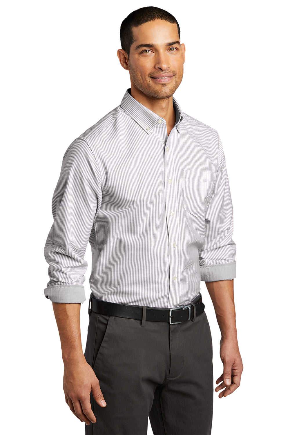 Port Authority W657 Mens SuperPro Wrinkle Resistant Long Sleeve Button Down Shirt w/ Pocket Gusty Grey/White Model 3q