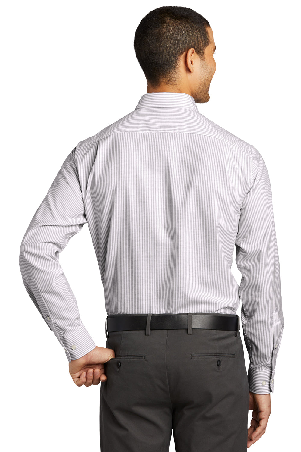 Port Authority W657 Mens SuperPro Wrinkle Resistant Long Sleeve Button Down Shirt w/ Pocket Gusty Grey/White Model Back