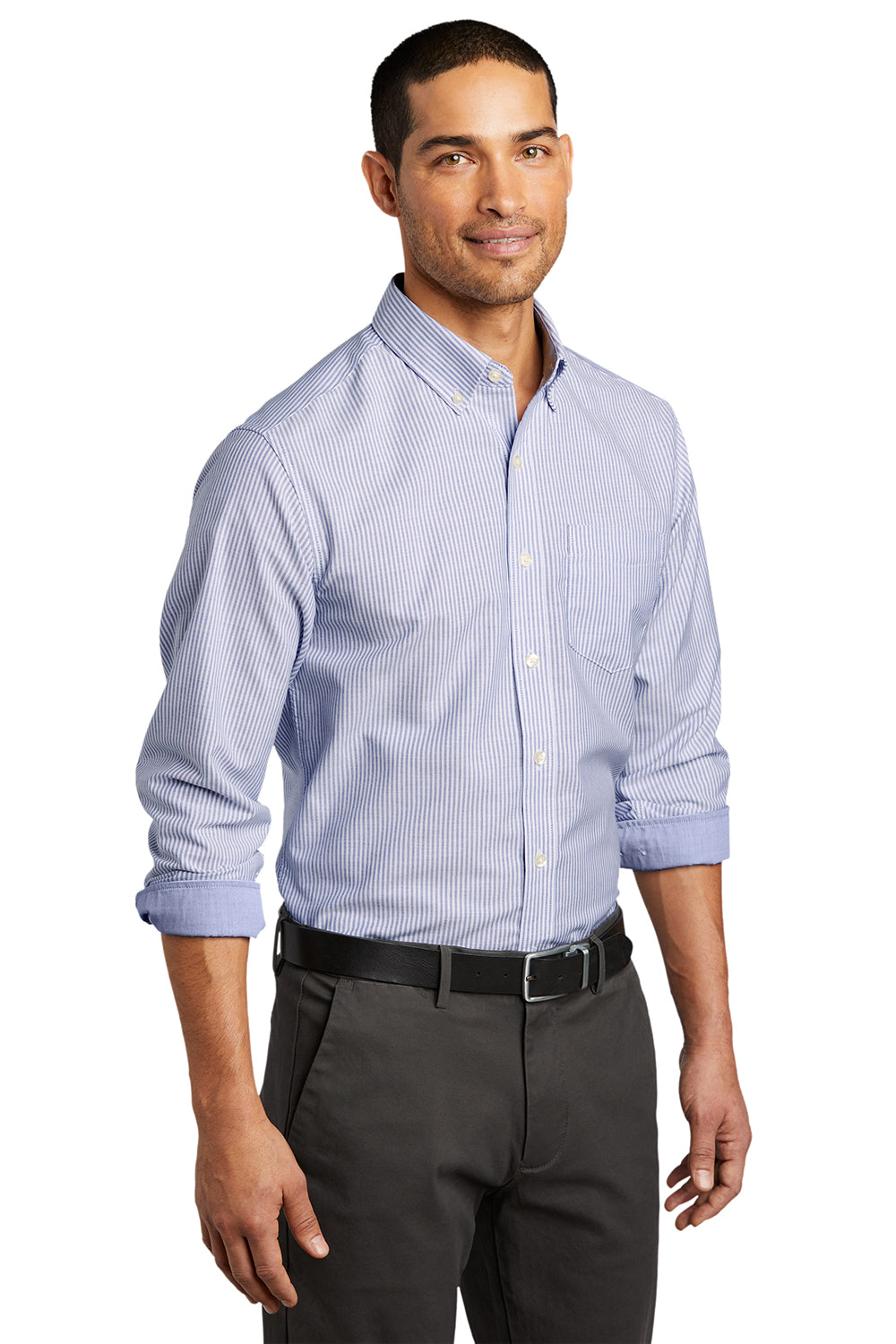 Port Authority W657 Mens SuperPro Wrinkle Resistant Long Sleeve Button Down Shirt w/ Pocket Oxford Blue/White Model 3q