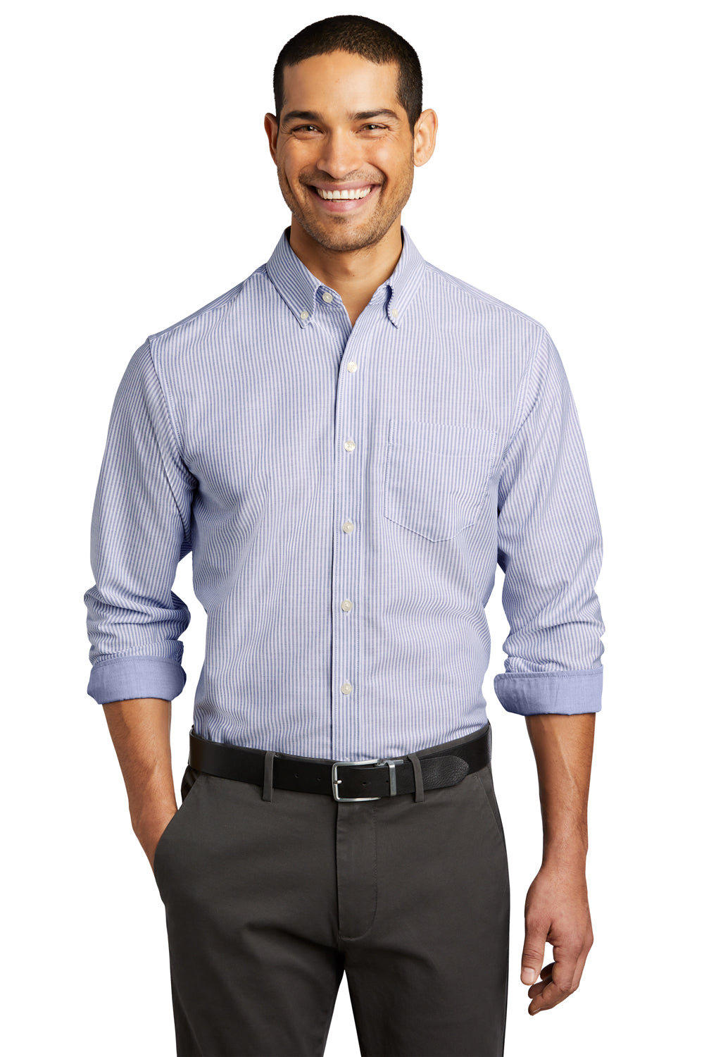 Port Authority W657 Mens SuperPro Wrinkle Resistant Long Sleeve Button Down Shirt w/ Pocket Oxford Blue/White Model Front