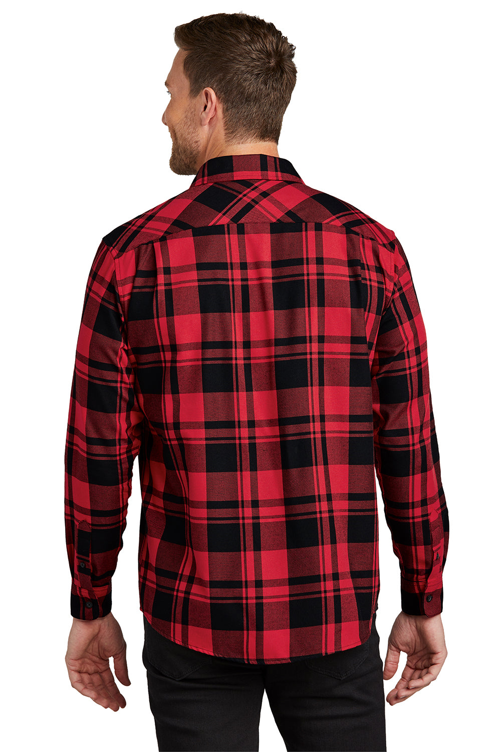 Port Authority W668 Mens Flannel Long Sleeve Button Down Shirt w/ Double Pockets Engine Red/Black Model Back