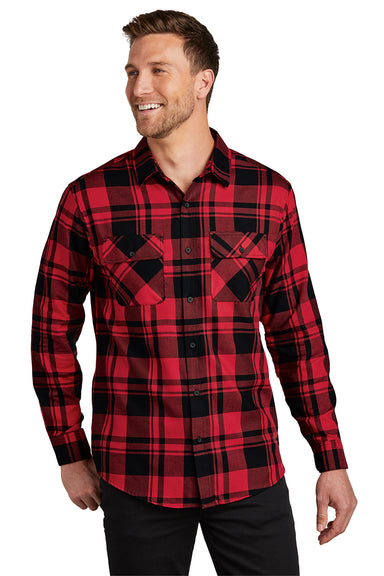 Port Authority W668 Mens Flannel Long Sleeve Button Down Shirt w/ Double Pockets Engine Red/Black Model Front