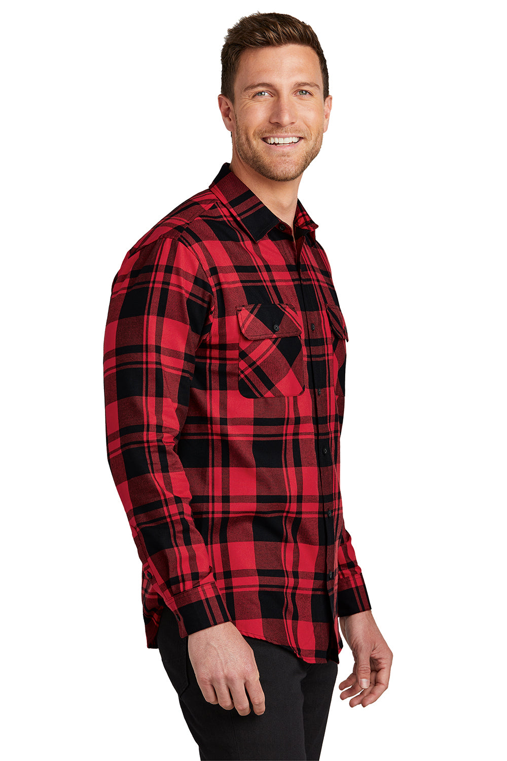 Port Authority W668 Mens Flannel Long Sleeve Button Down Shirt w/ Double Pockets Engine Red/Black Model Side