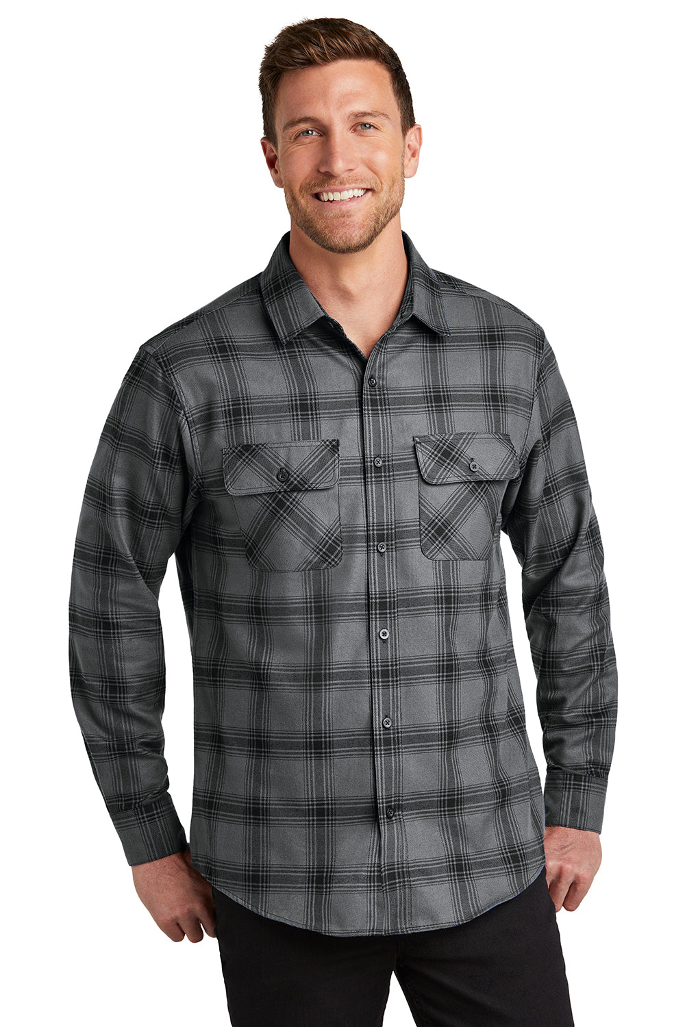 Port Authority W668 Mens Flannel Long Sleeve Button Down Shirt w/ Double Pockets Grey/Black Plaid Model Front