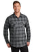 Port Authority W668 Mens Flannel Long Sleeve Button Down Shirt w/ Double Pockets Grey/Black Plaid Model Front