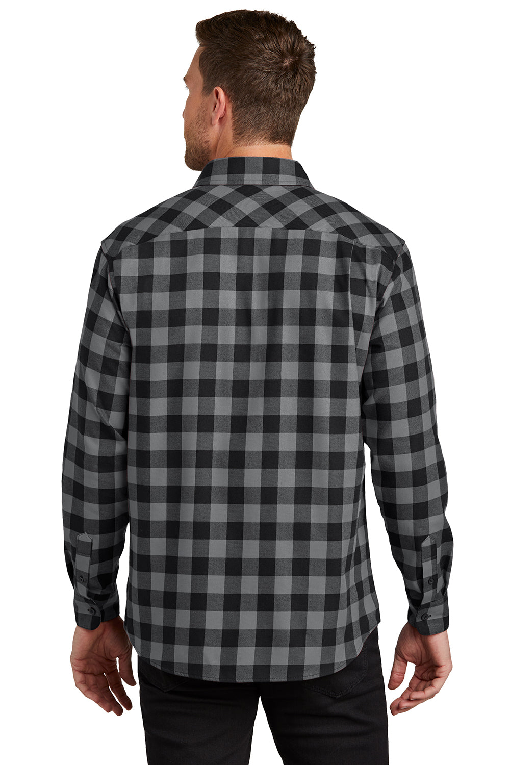 Port Authority W668 Mens Flannel Long Sleeve Button Down Shirt w/ Double Pockets Grey/Black Buffalo Model Back