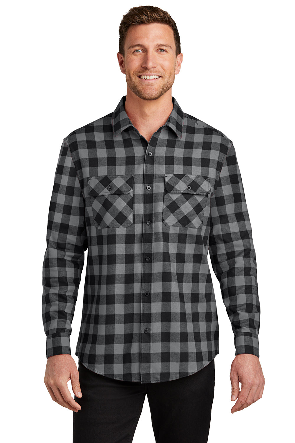 Port Authority W668 Mens Flannel Long Sleeve Button Down Shirt w/ Double Pockets Grey/Black Buffalo Model Front