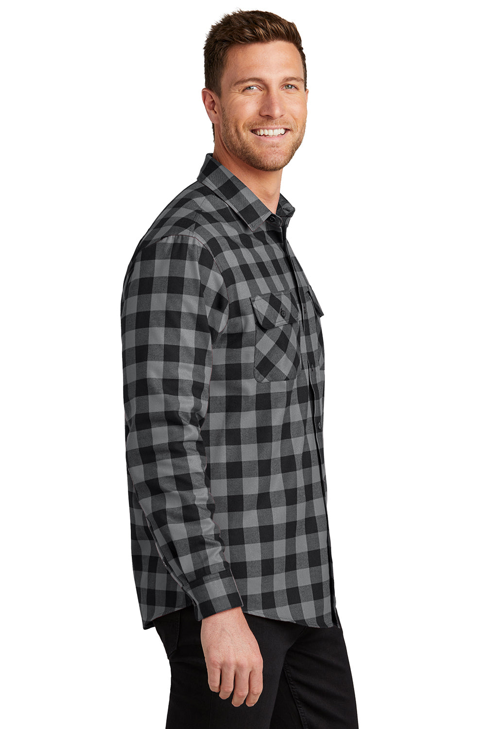 Port Authority W668 Mens Flannel Long Sleeve Button Down Shirt w/ Double Pockets Grey/Black Buffalo Model Side