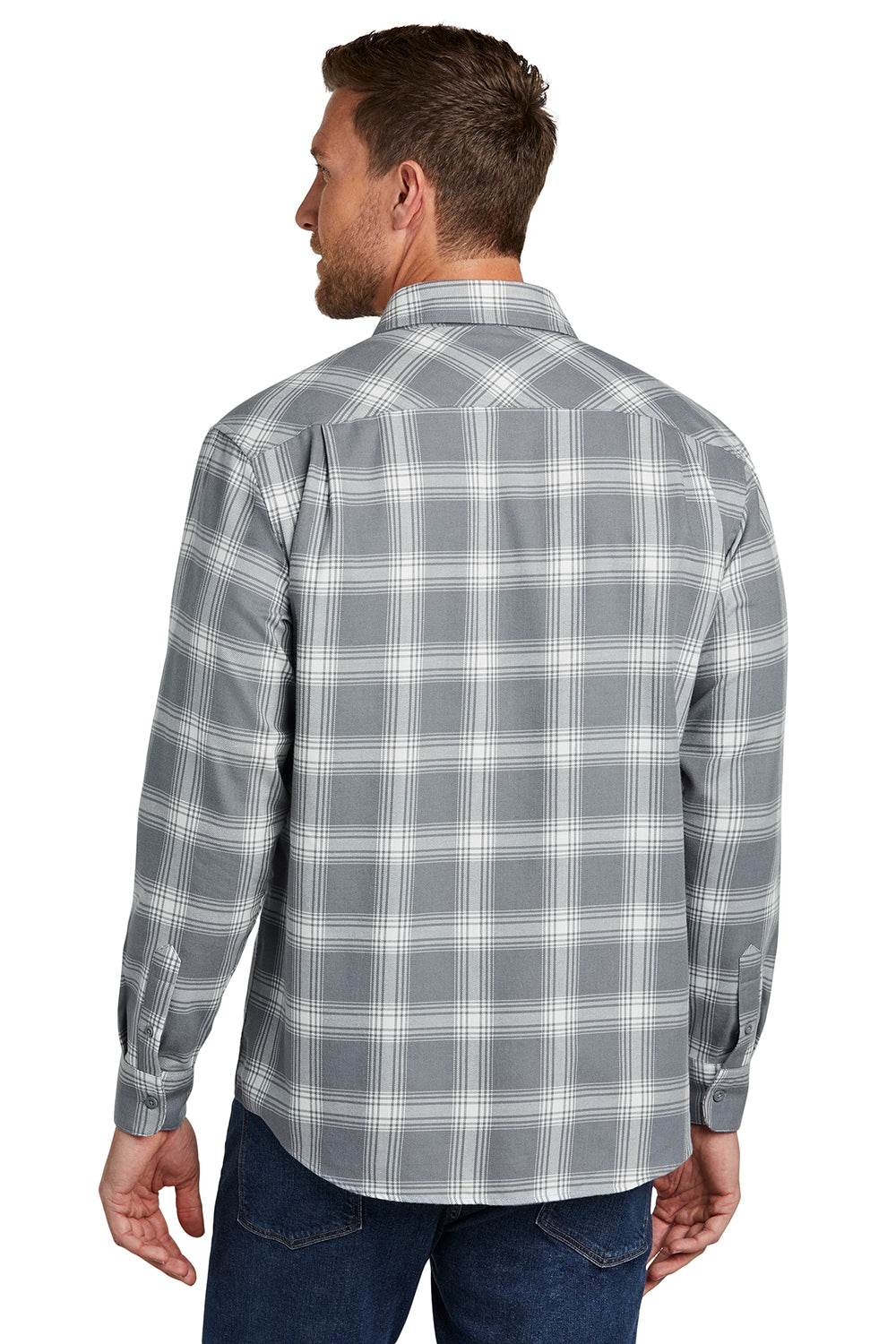 Port Authority W668 Mens Flannel Long Sleeve Button Down Shirt w/ Double Pockets Grey/Cream Plaid Model Back