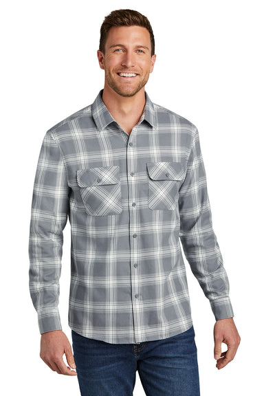 Port Authority W668 Mens Flannel Long Sleeve Button Down Shirt w/ Double Pockets Grey/Cream Plaid Model Front