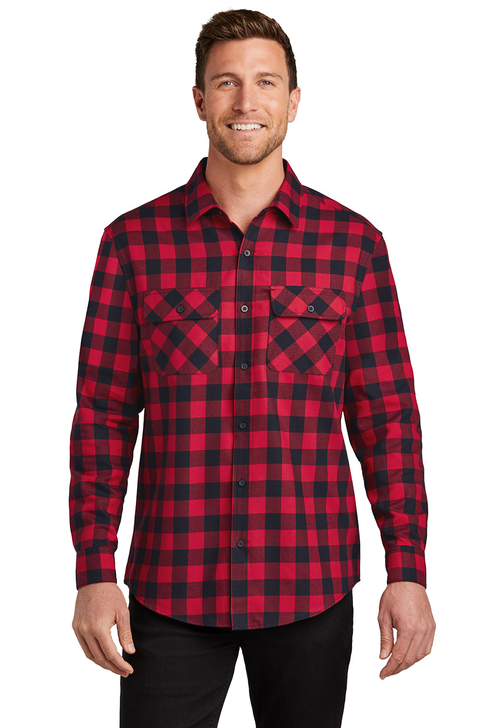 Port Authority W668 Mens Flannel Long Sleeve Button Down Shirt w/ Double Pockets Red/Black Buffalo Model Front