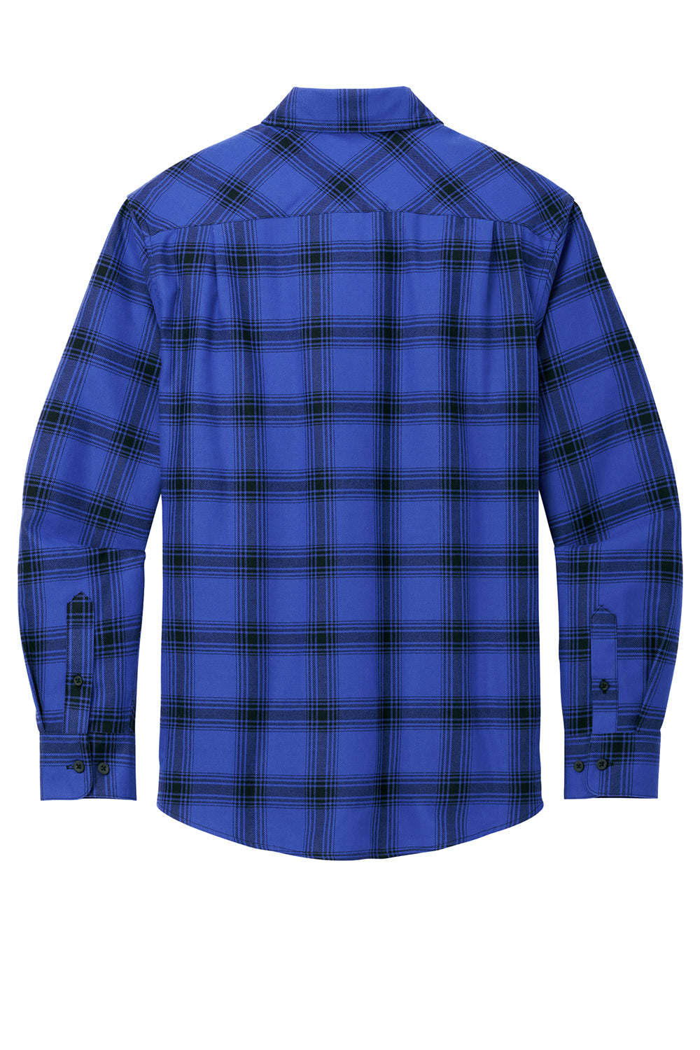 Port Authority W668 Mens Flannel Long Sleeve Button Down Shirt w/ Double Pockets Royal Blue/Black Plaid Flat Back