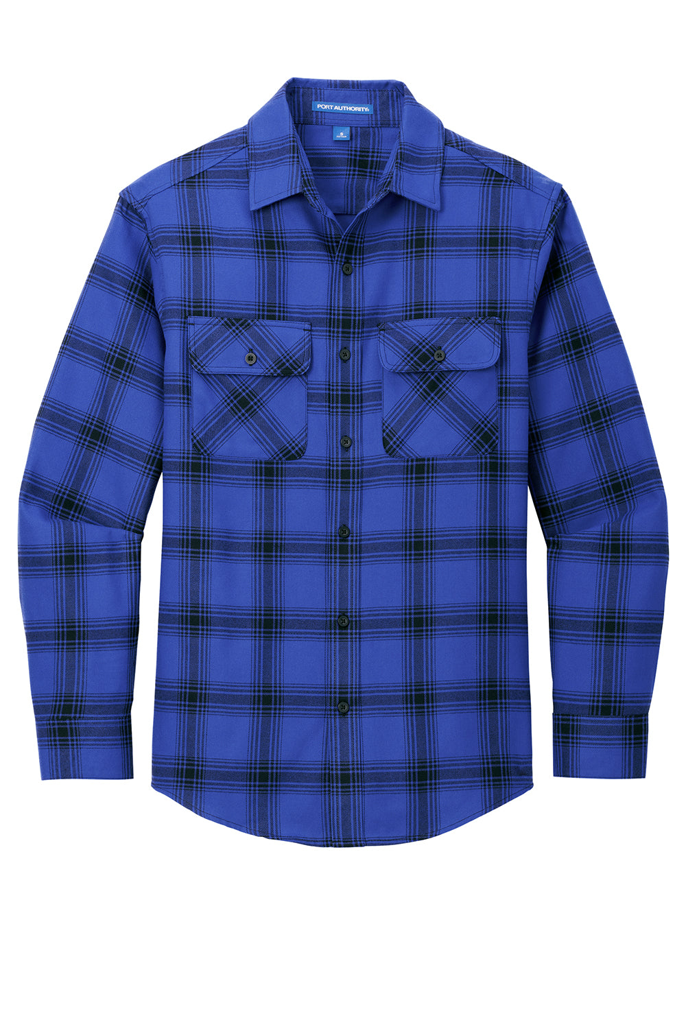 Port Authority W668 Mens Flannel Long Sleeve Button Down Shirt w/ Double Pockets Royal Blue/Black Plaid Flat Front