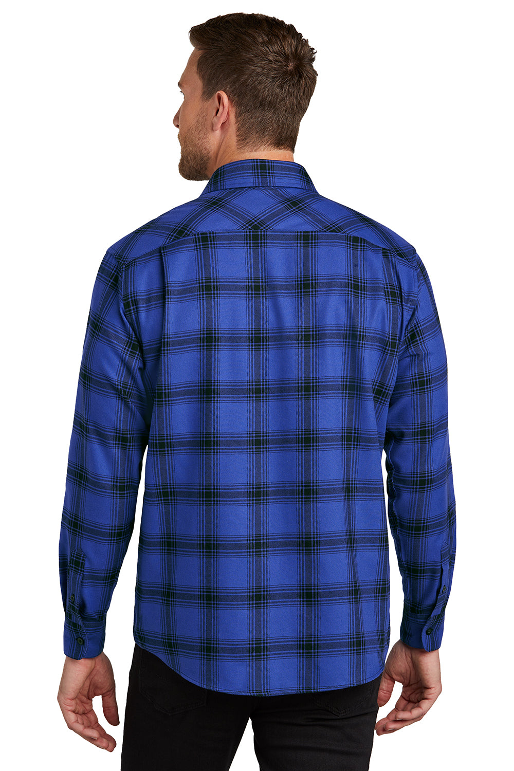 Port Authority W668 Mens Flannel Long Sleeve Button Down Shirt w/ Double Pockets Royal Blue/Black Plaid Model Back