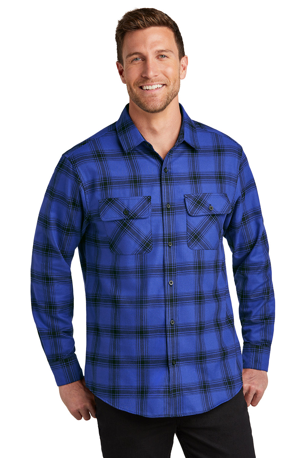 Port Authority W668 Mens Flannel Long Sleeve Button Down Shirt w/ Double Pockets Royal Blue/Black Plaid Model Front