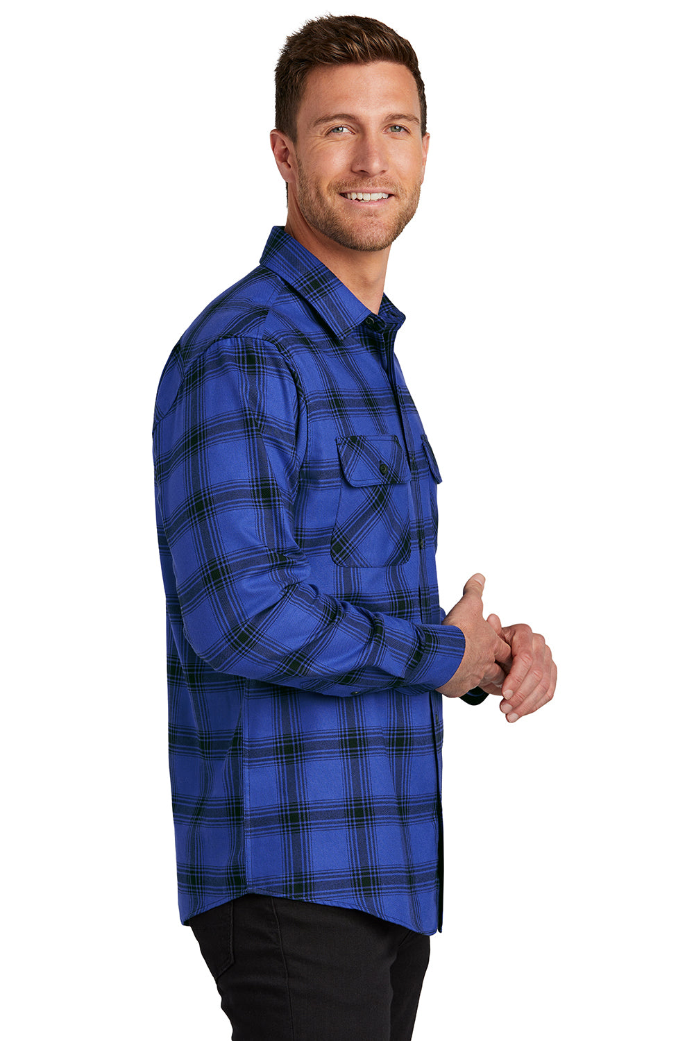 Port Authority W668 Mens Flannel Long Sleeve Button Down Shirt w/ Double Pockets Royal Blue/Black Plaid Model Side