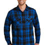 Port Authority Mens Flannel Long Sleeve Button Down Shirt w/ Double Pockets - Royal Blue/Black