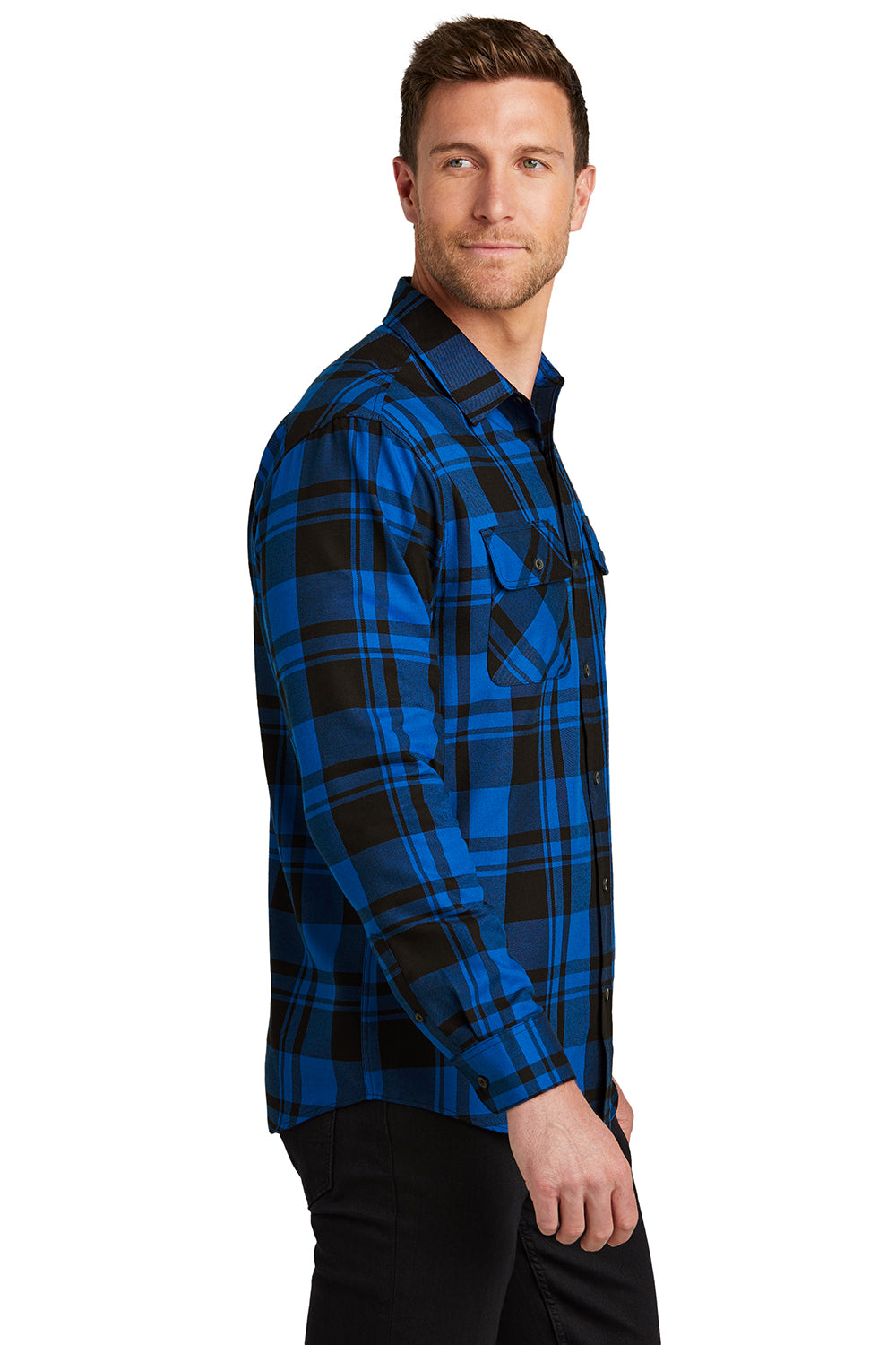 Port Authority W668 Mens Flannel Long Sleeve Button Down Shirt w/ Double Pockets Royal Blue/Black Model Side