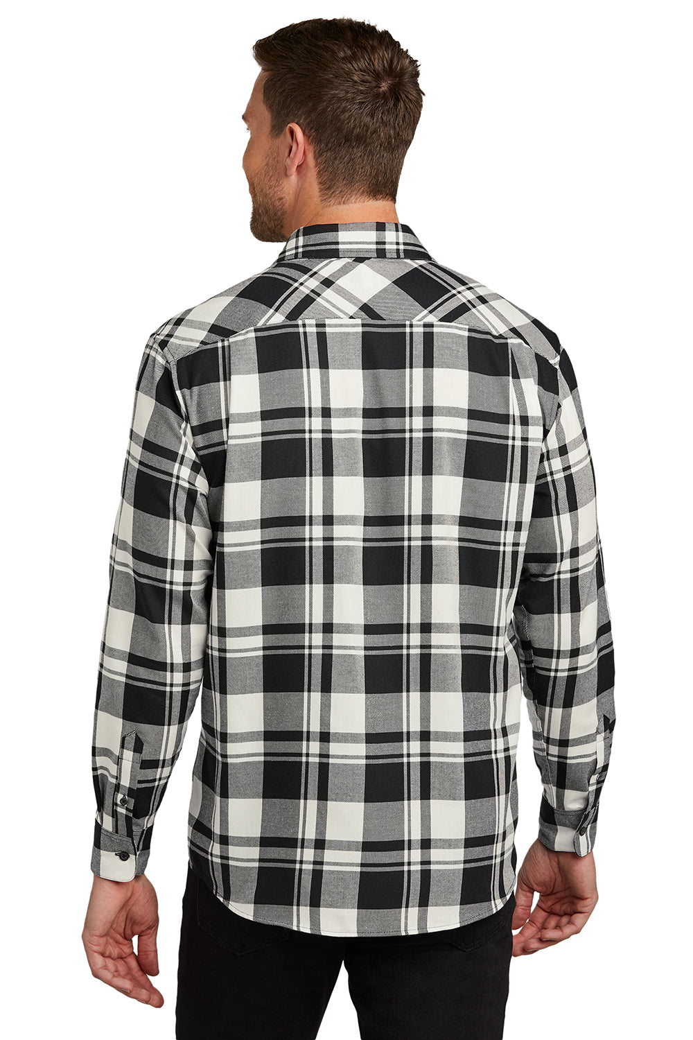 Port Authority W668 Mens Flannel Long Sleeve Button Down Shirt w/ Double Pockets Snow White/Black Model Back