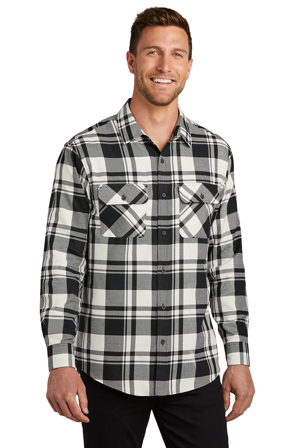 Port Authority W668 Mens Flannel Long Sleeve Button Down Shirt w/ Double Pockets Snow White/Black Model Front