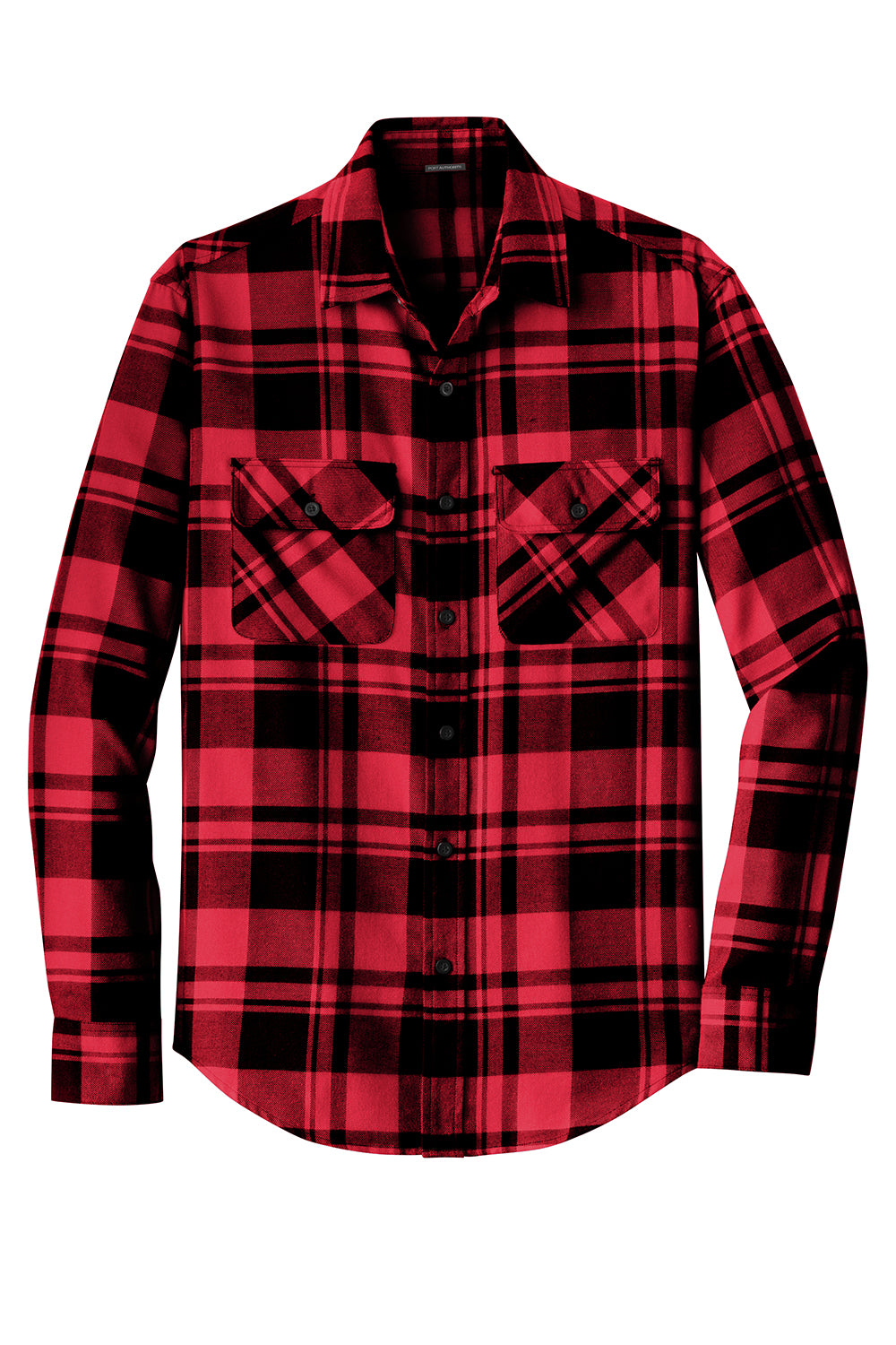 Port Authority W668 Mens Flannel Long Sleeve Button Down Shirt w/ Double Pockets Engine Red/Black Flat Front