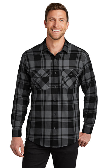 Port Authority W668 Mens Flannel Long Sleeve Button Down Shirt w/ Double Pockets Grey/Black Model Front